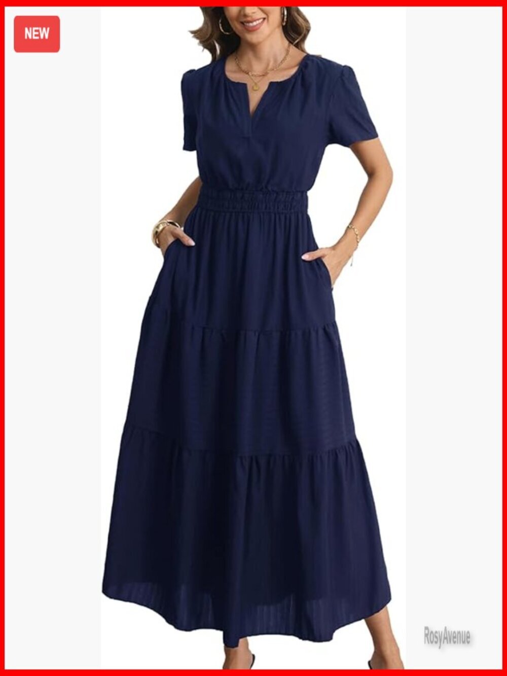 Summer Maxi Dress with Pockets, V-Neck, Elastic Waist, Boho Style